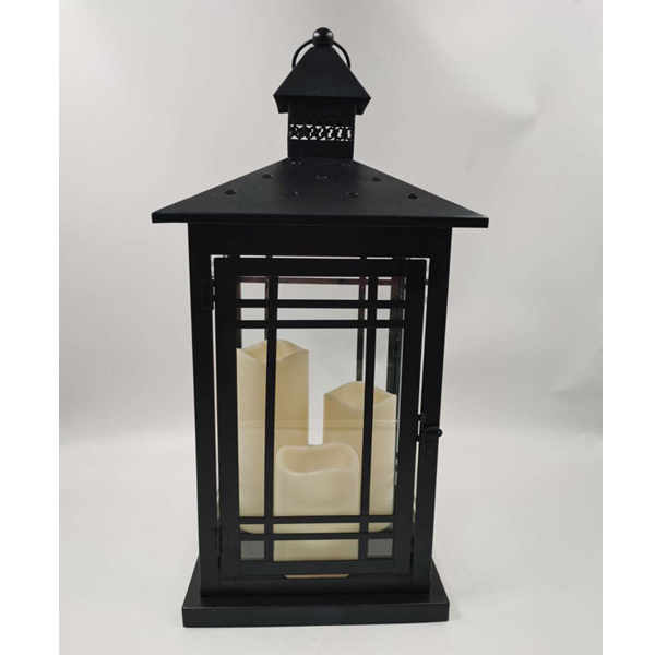 Black square metal modern lantern with LED candle 