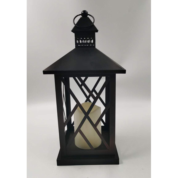 Black square metal lantern with LED candle