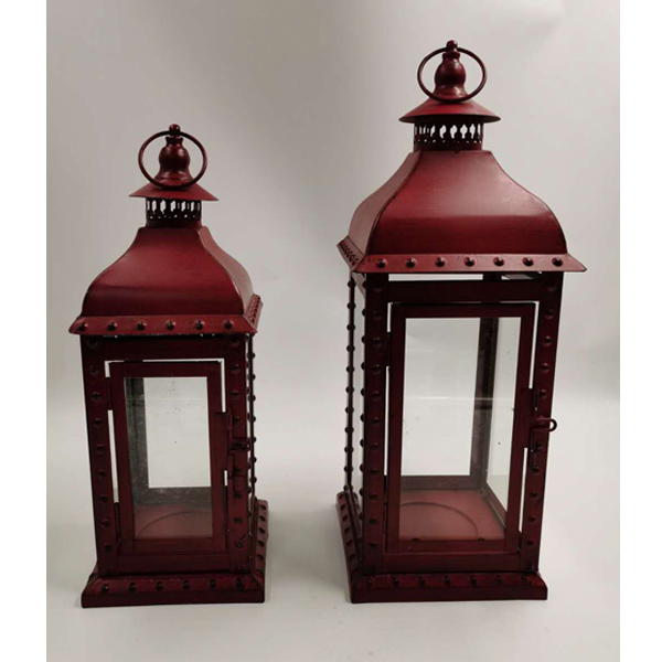 Set 2 pieces of red modern square metal lantern