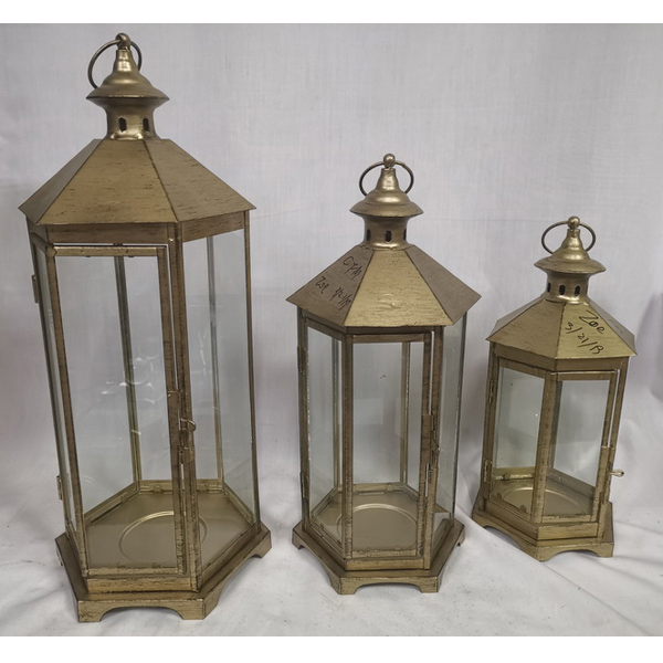 Set 3 piece of hexgonal golden metal lantern without candle