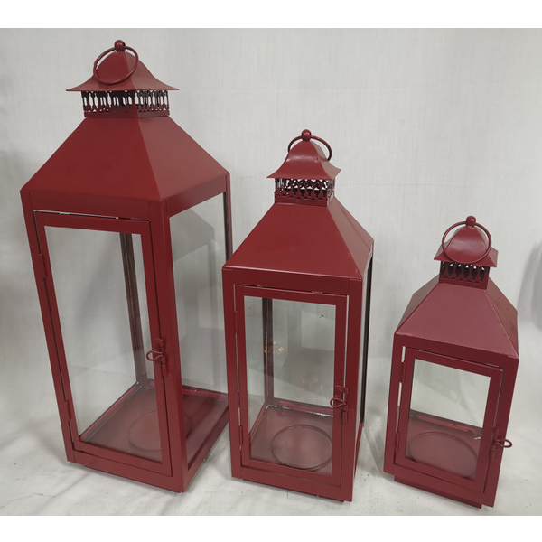 Set 3 pieces of square red metal lantern