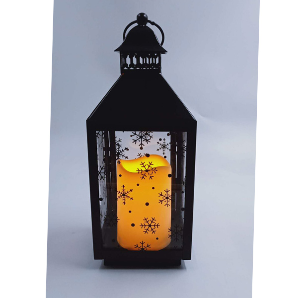 Square black metal lantern with LED candle